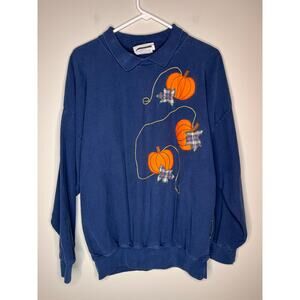 1980s Cottontops Navy Plaid Leaves Fall Pumpkins Harvest Collared Sweatshirt M